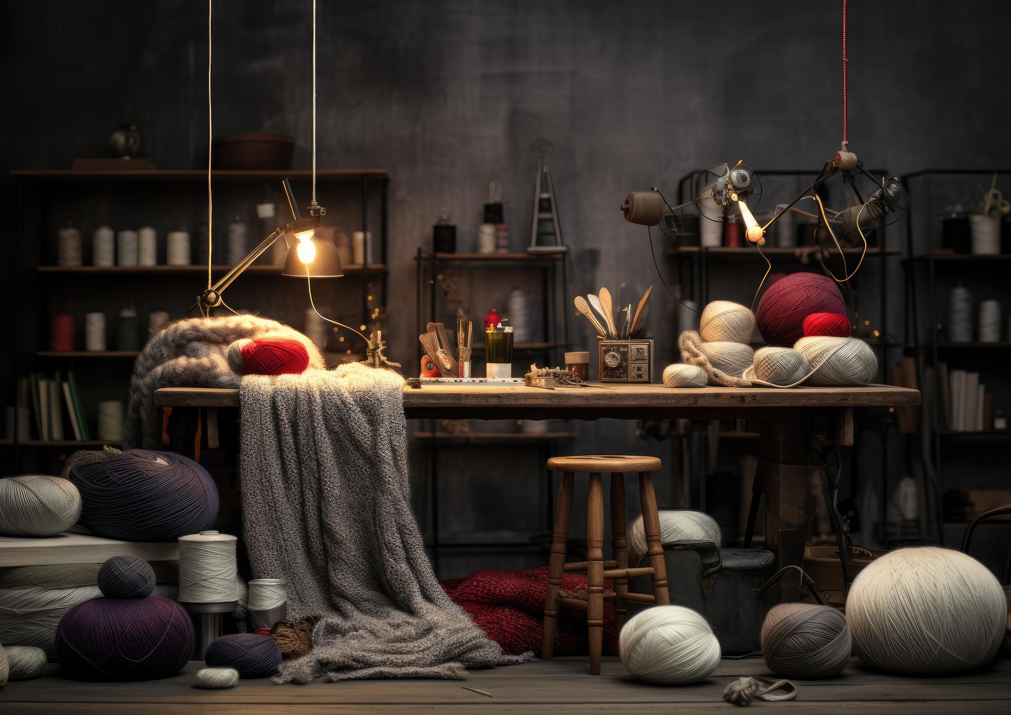 Interno dello studio con tavoli per ricamo